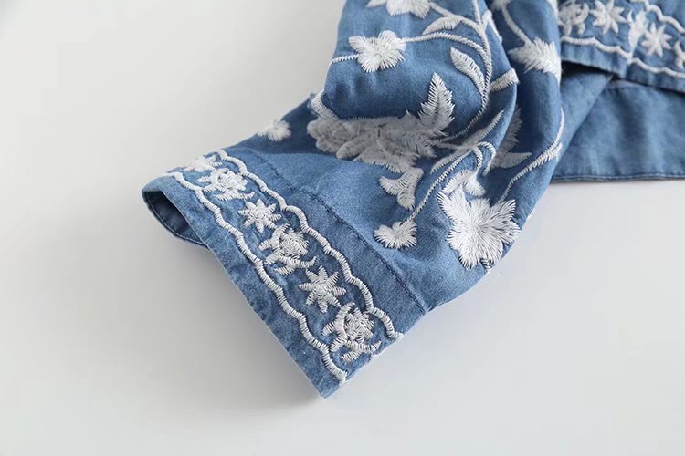 Boho Floral Embroidered Chambray Button Blouse - Blue - 3