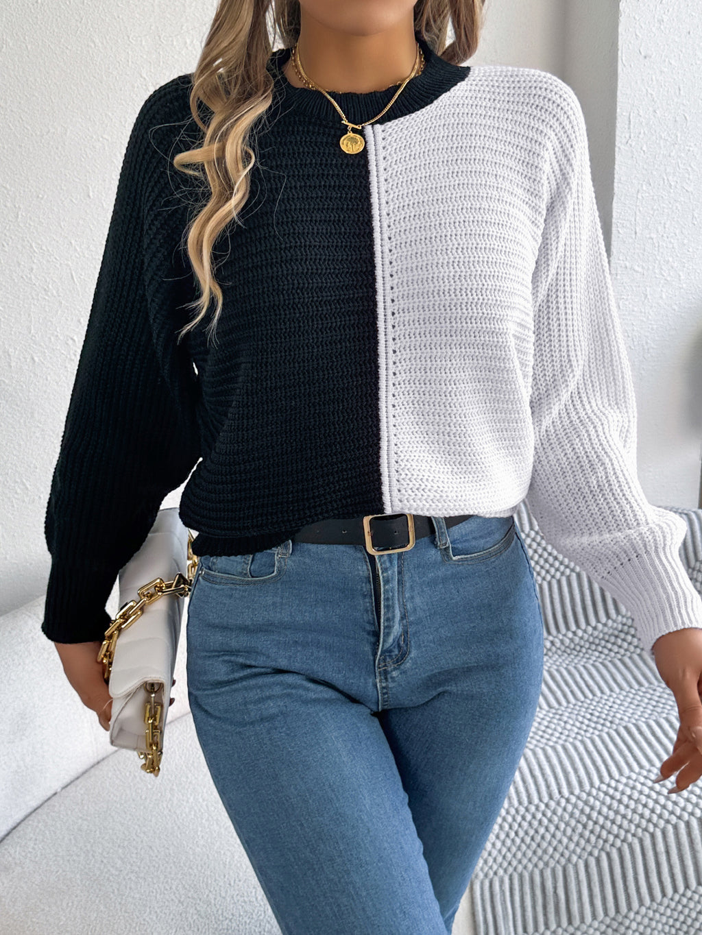 Split Color Block Batwing Knit Sweater - White - 1