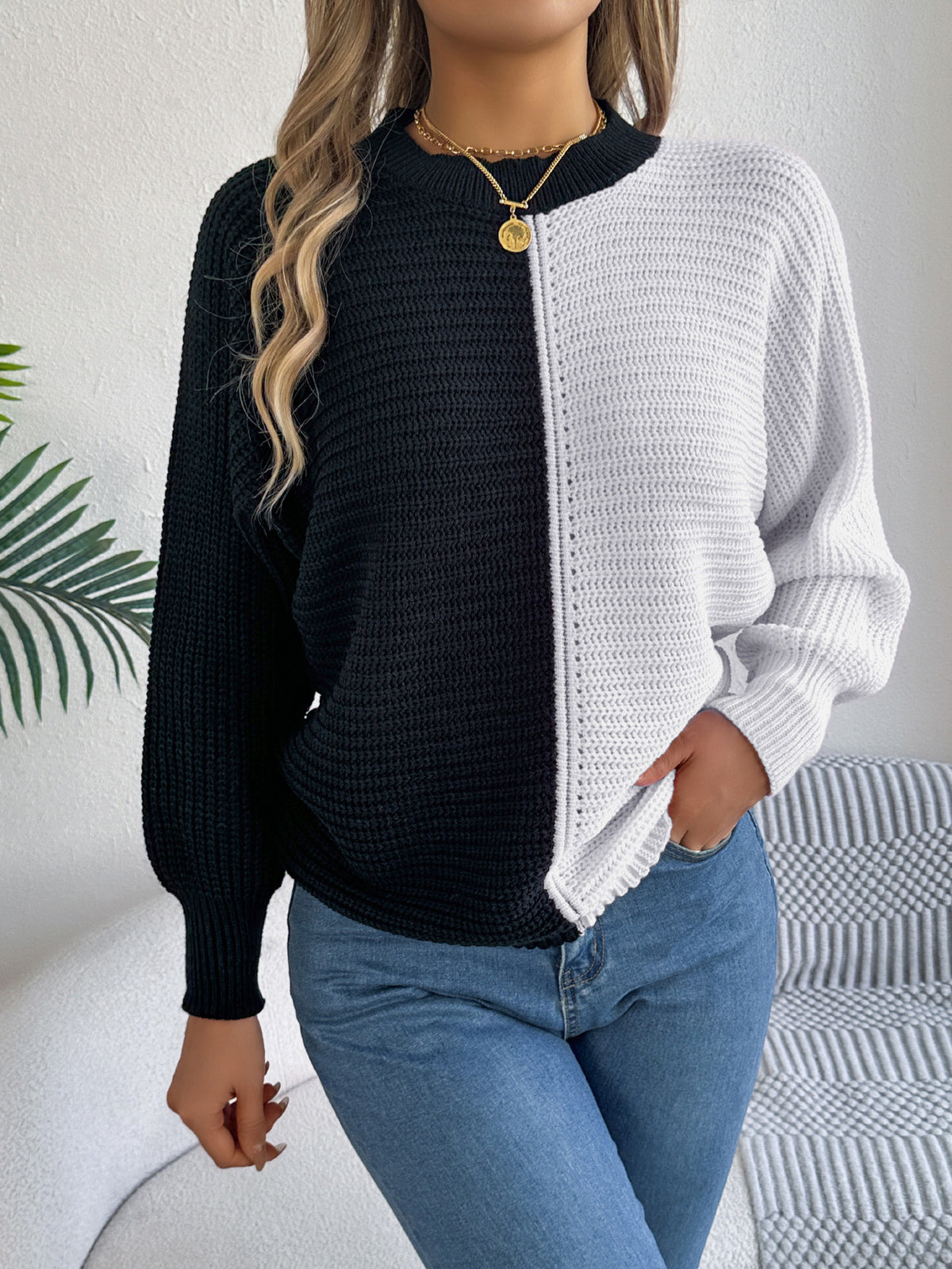 Split Color Block Batwing Knit Sweater - White - 2