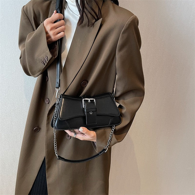 Buckle Flap Chain Strap Shoulder Bag - Black