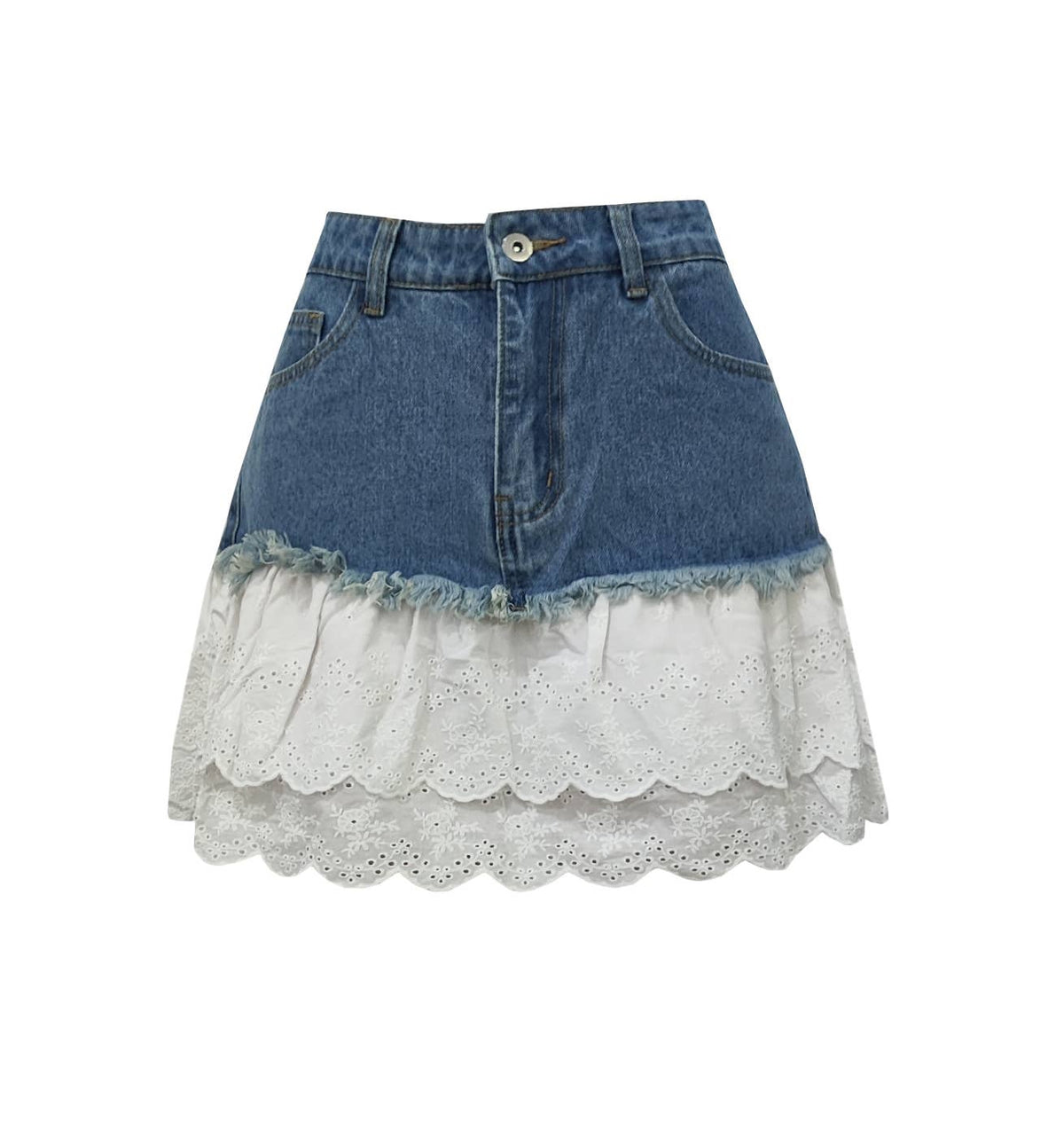 Eyelet Ruffle Hem Denim Mini Skirt