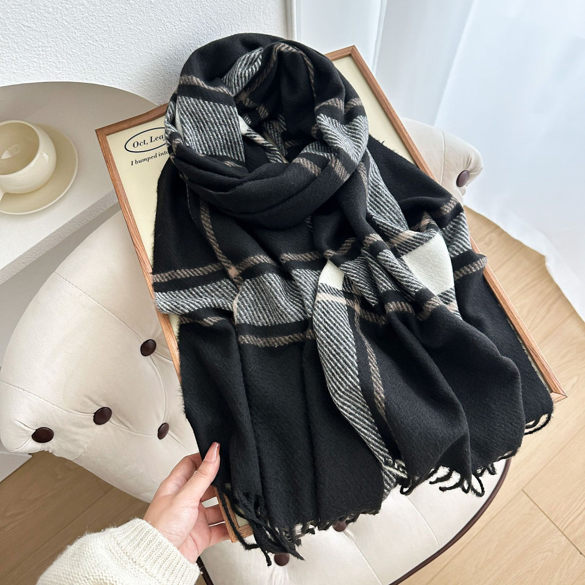 Windowpane Check Tassel Trim Scarf Wrap - Black