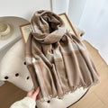 Windowpane Check Tassel Trim Scarf Wrap - Camel
