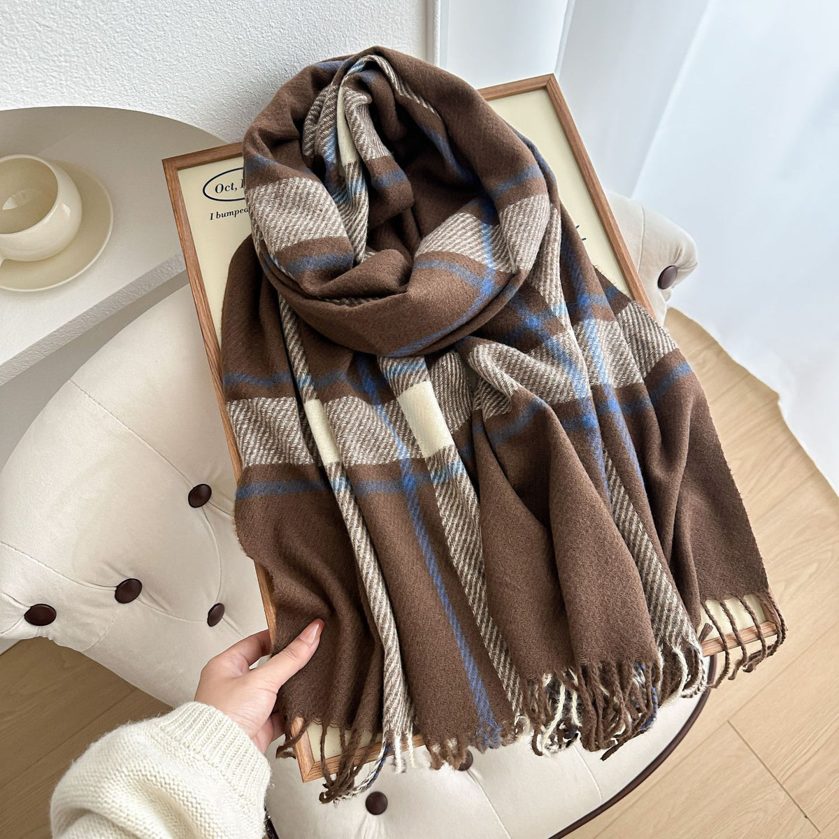 Windowpane Check Tassel Trim Scarf Wrap - Coffee