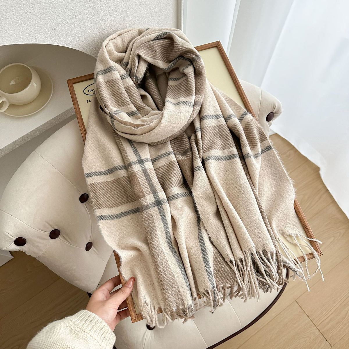 Windowpane Check Tassel Trim Scarf Wrap - Khaki