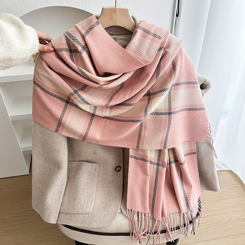 Windowpane Check Tassel Trim Scarf Wrap