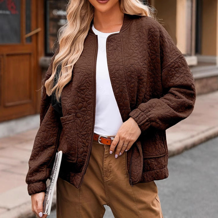 Quilted Floral Texture Zip-Up Bomber Jacket - Brown