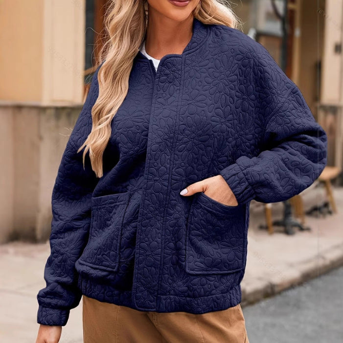 Quilted Floral Texture Zip-Up Bomber Jacket - DarkBlue