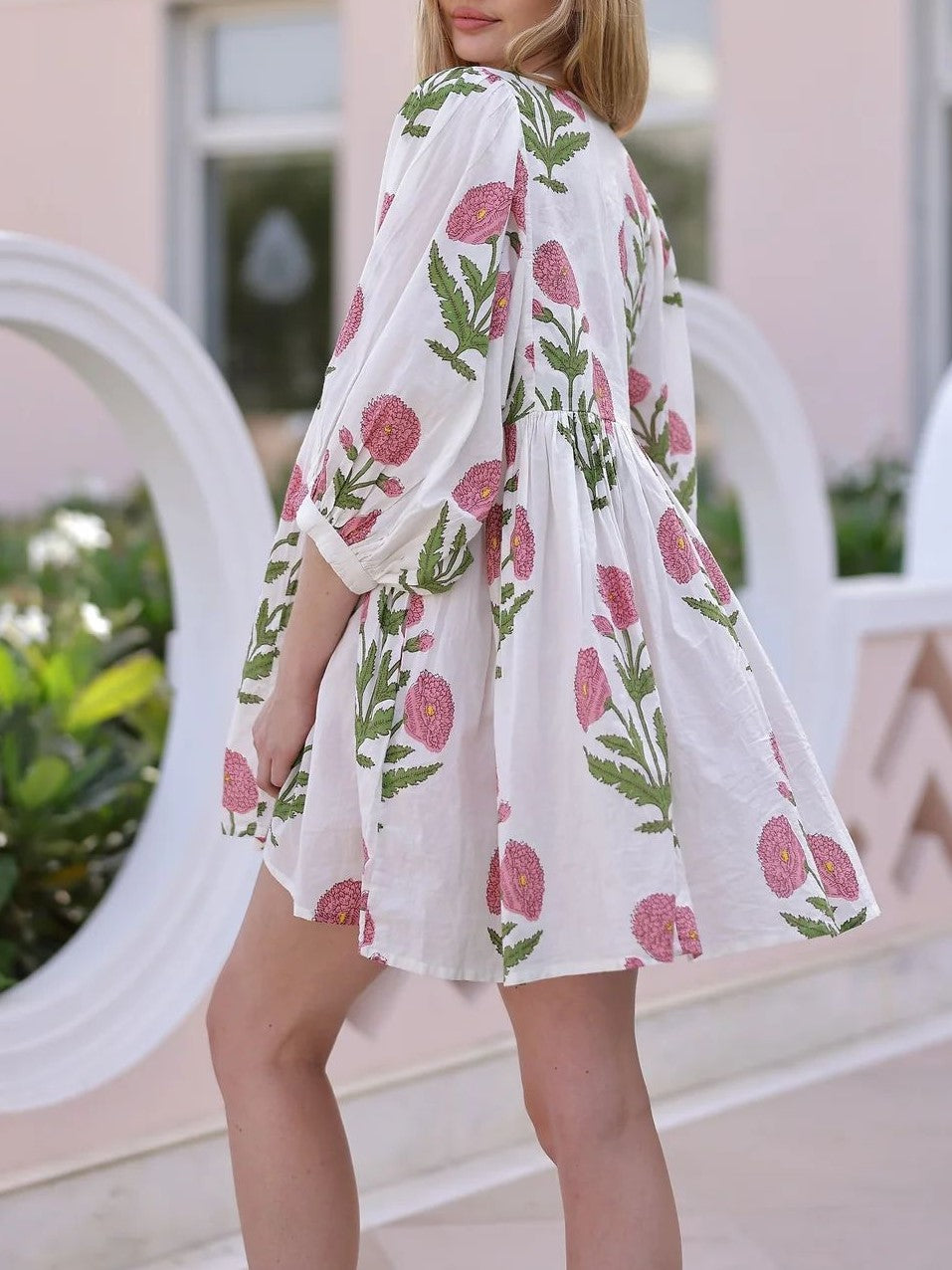 Floral Balloon Sleeve Babydoll Mini Dress - Pink