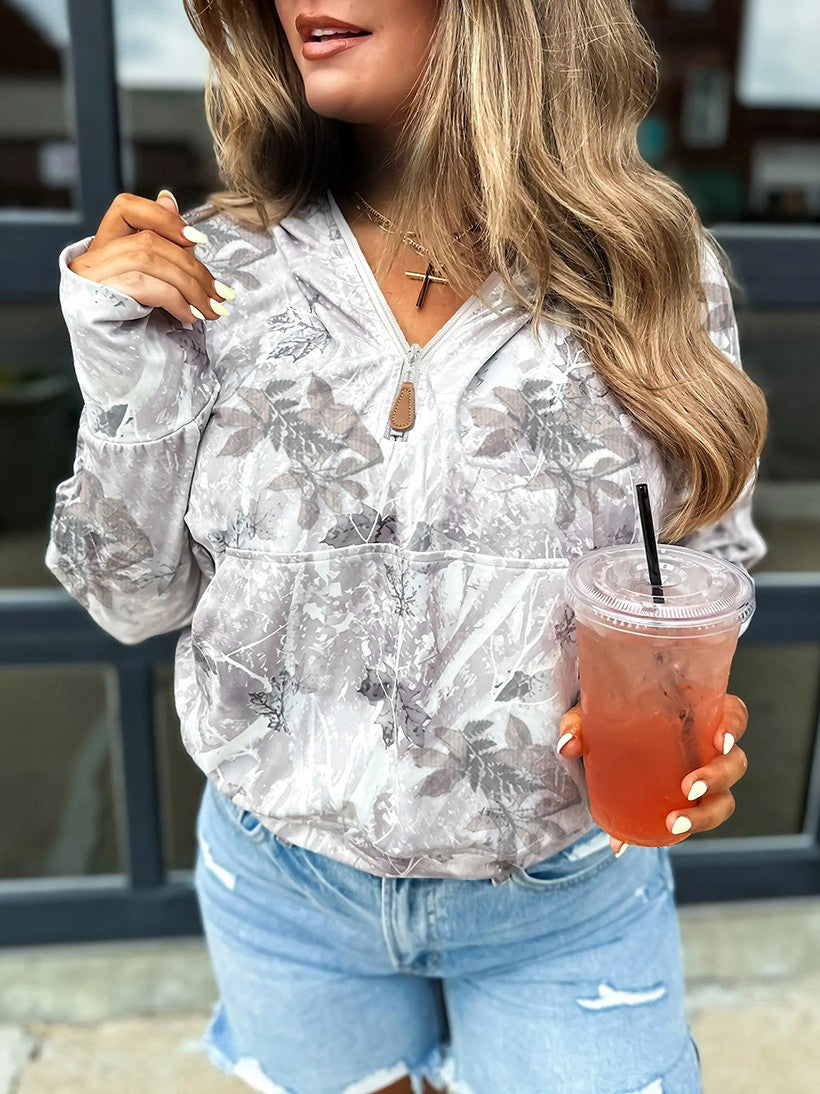 Botanical Camo Print Cropped Half Zip Hoodie - camo