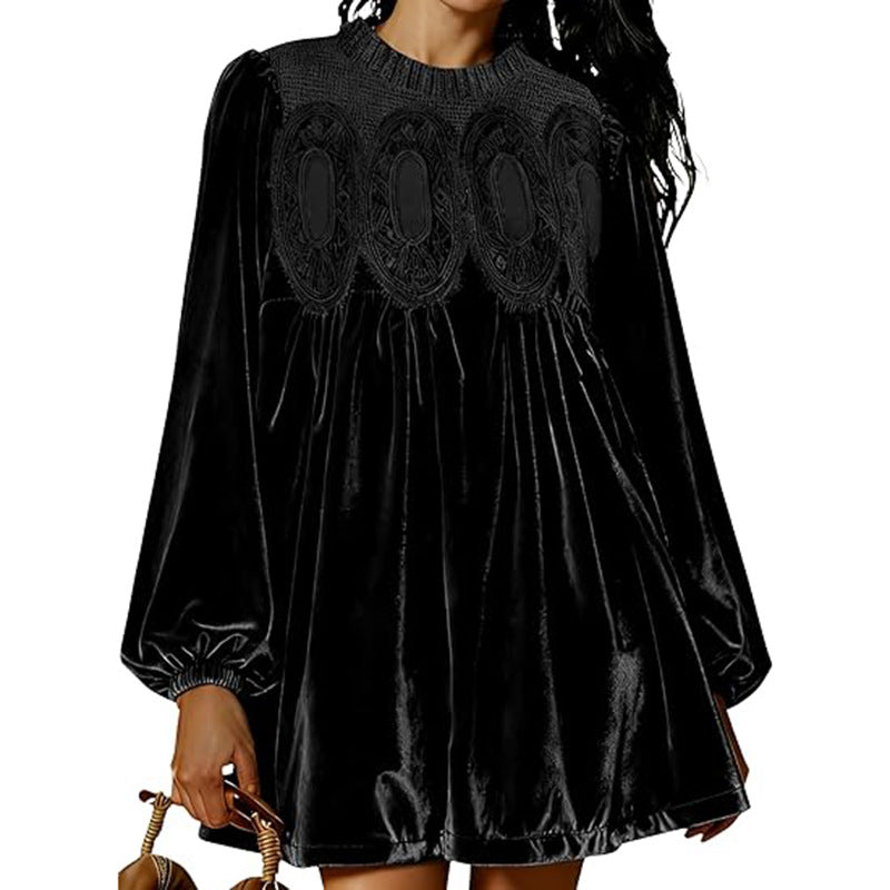 Bishop Sleeve Velvet Babydoll Mini Dress - Black