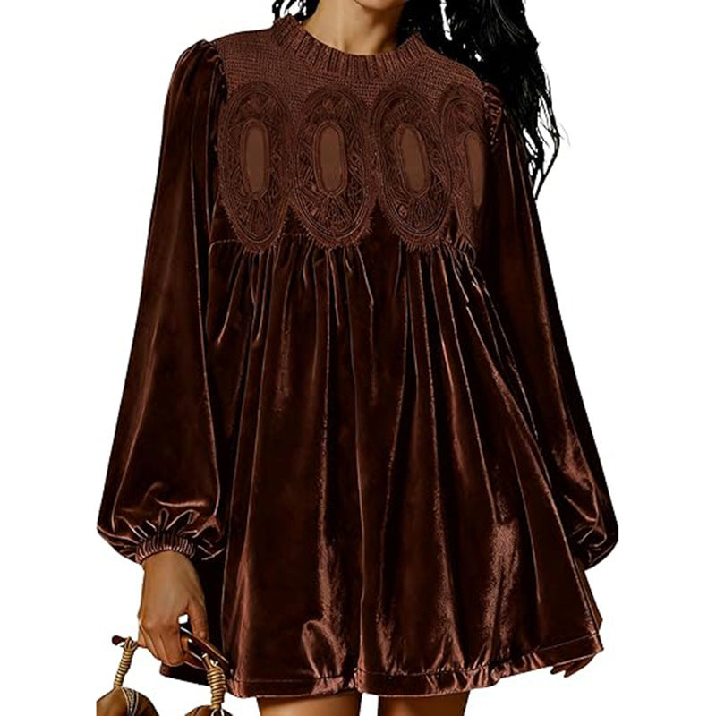 Bishop Sleeve Velvet Babydoll Mini Dress - Brown