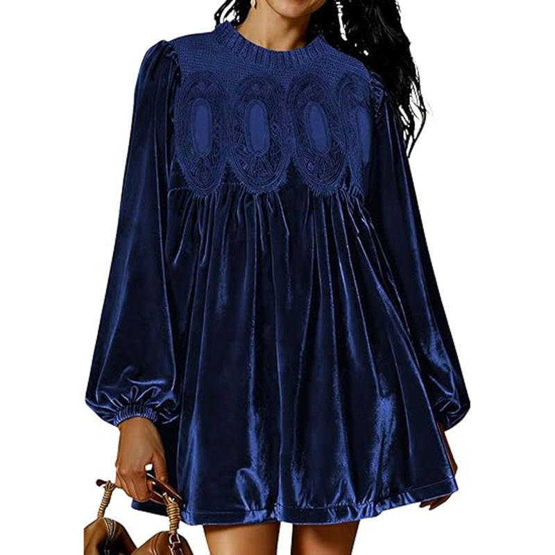 Bishop Sleeve Velvet Babydoll Mini Dress - DarkBlue