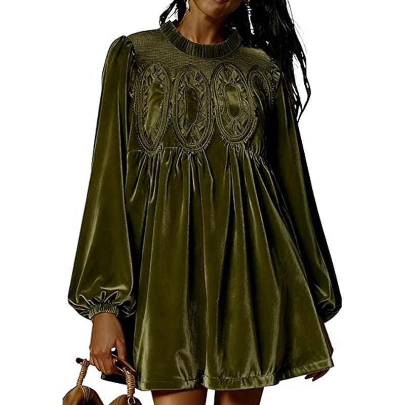 Bishop Sleeve Velvet Babydoll Mini Dress - DkGreen