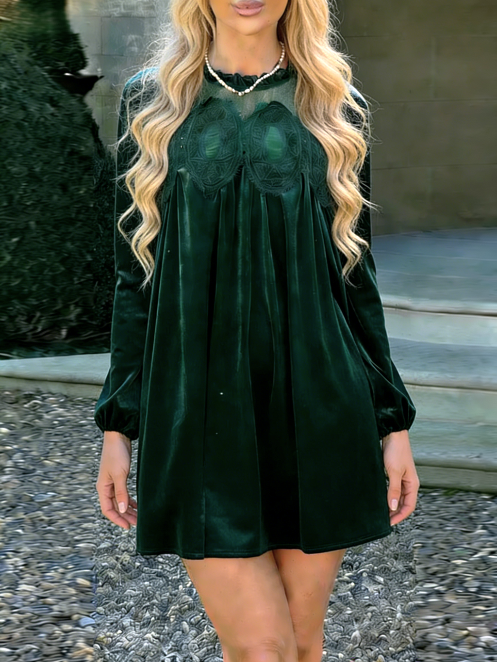 Bishop Sleeve Velvet Babydoll Mini Dress - Green