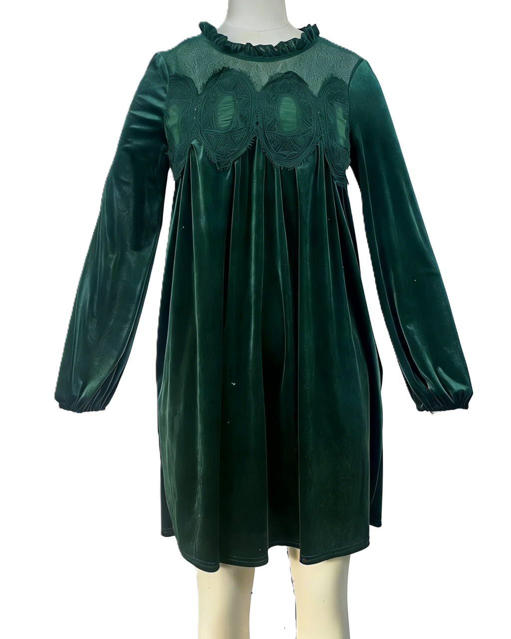 Bishop Sleeve Velvet Babydoll Mini Dress - Green - 1
