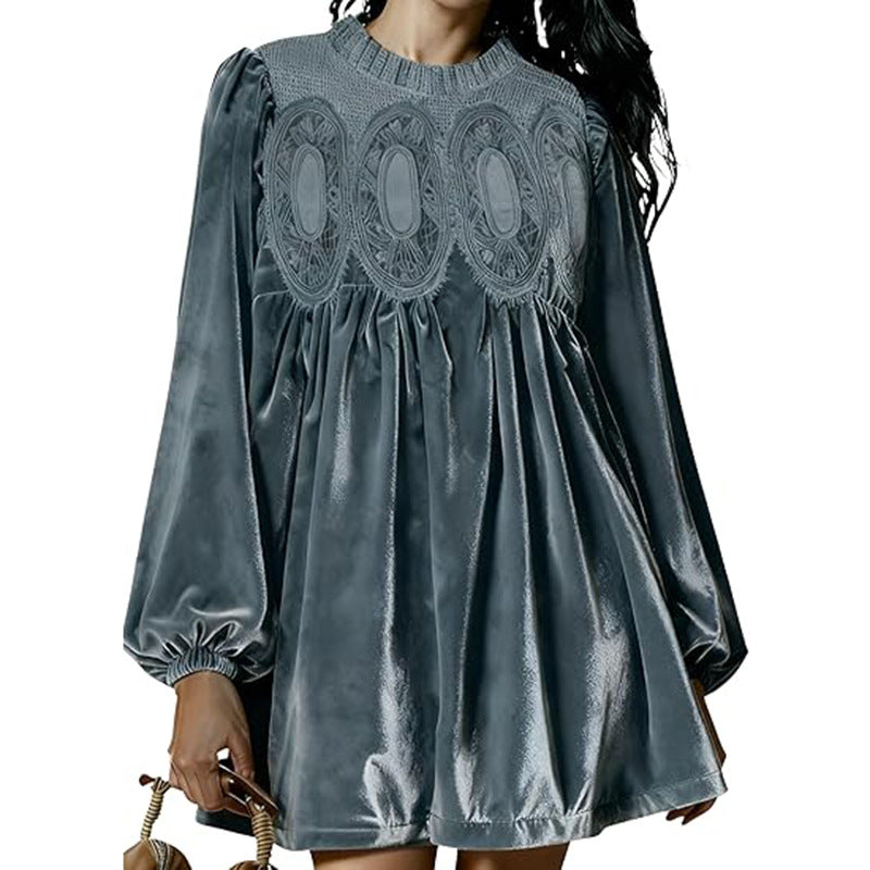 Bishop Sleeve Velvet Babydoll Mini Dress - Grey