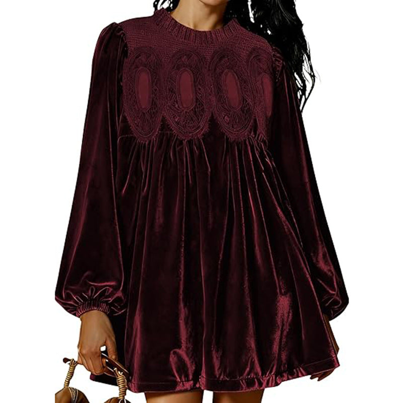Bishop Sleeve Velvet Babydoll Mini Dress - WineRed