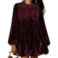 Bishop Sleeve Velvet Babydoll Mini Dress - WineRed