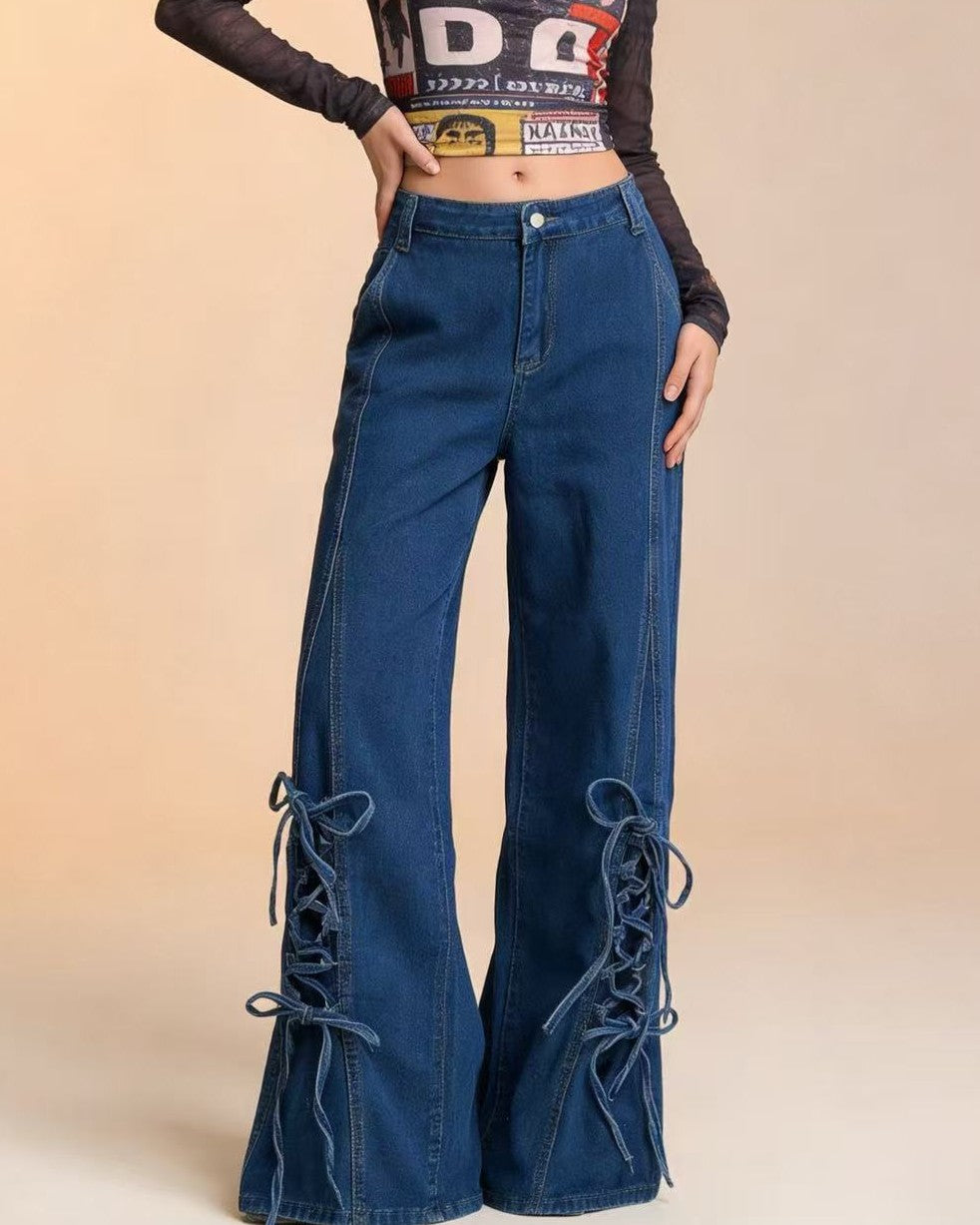 Corset Lace Up Wide Leg Denim Jeans - Blue