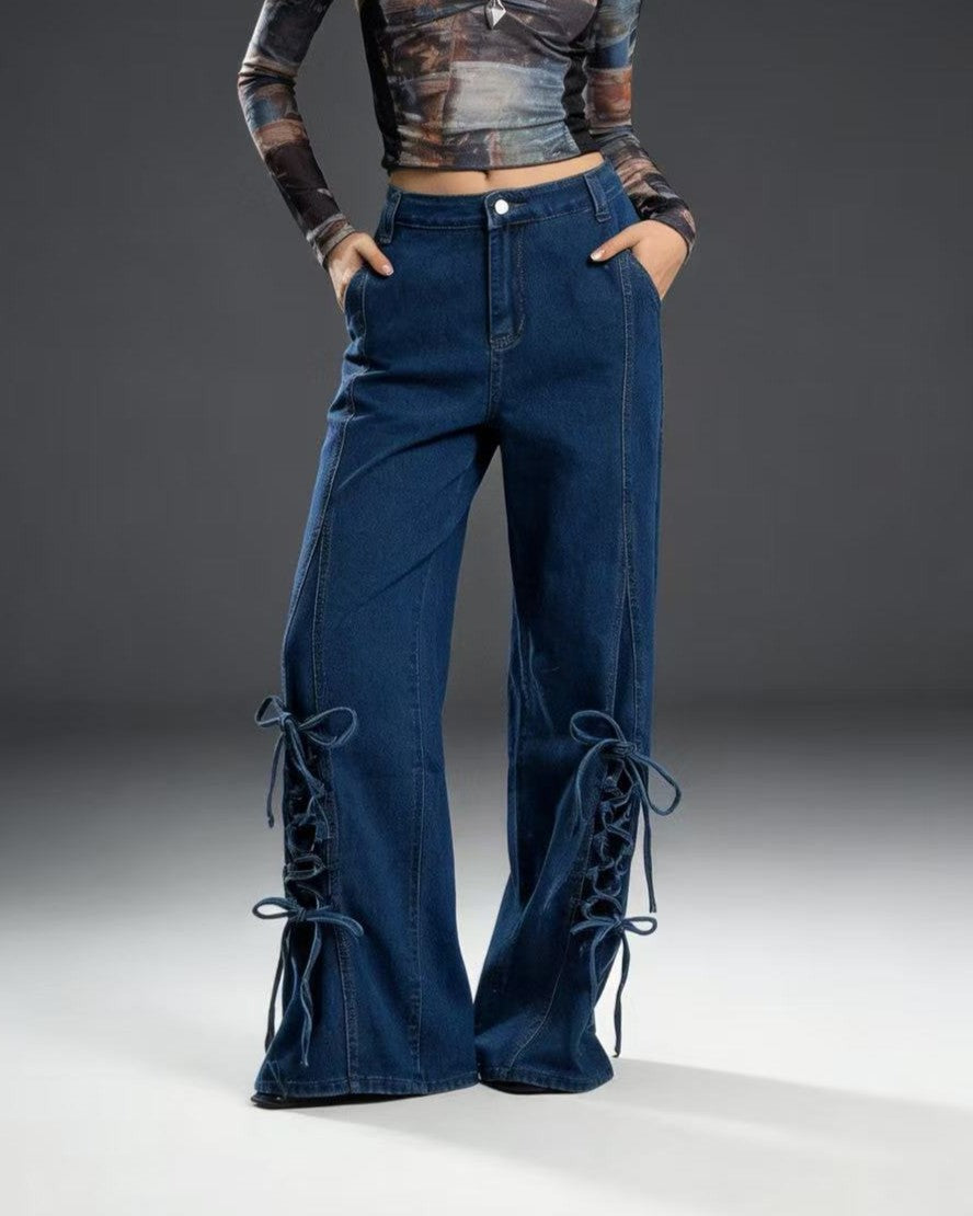 Corset Lace Up Wide Leg Denim Jeans - Blue - 1
