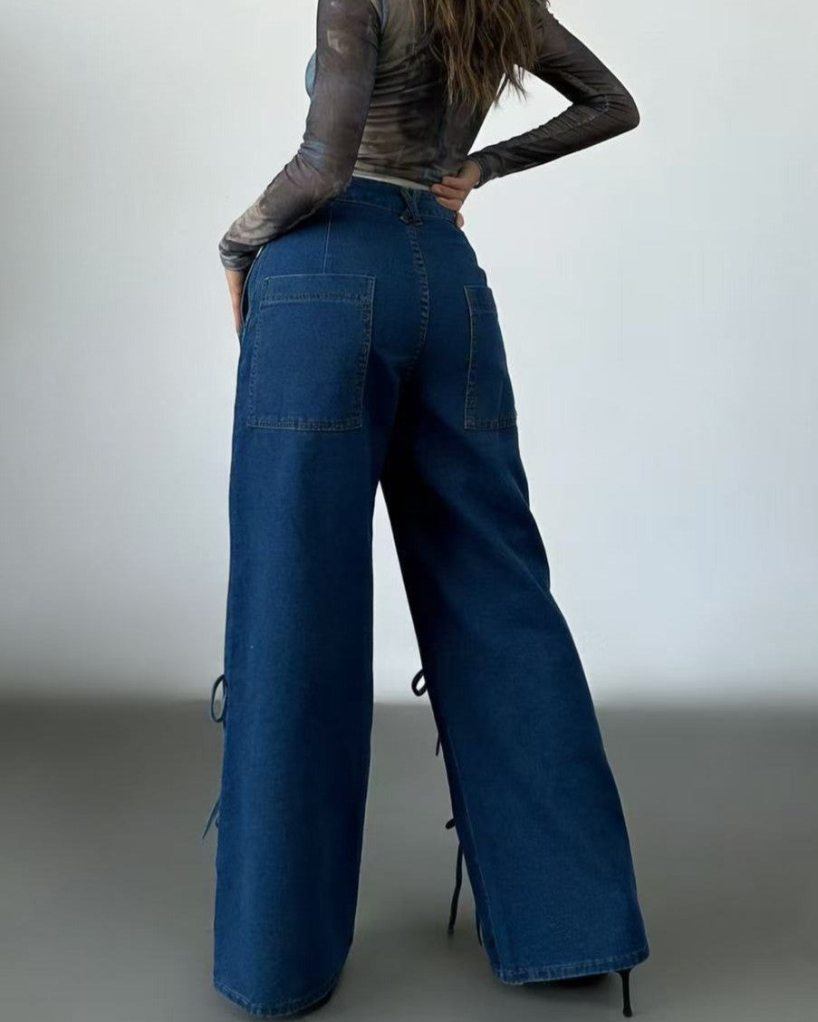 Corset Lace Up Wide Leg Denim Jeans - Blue - 2