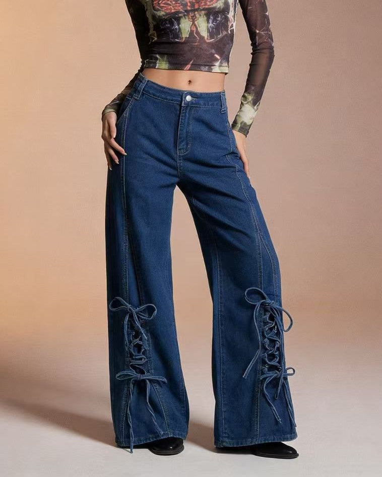 Corset Lace Up Wide Leg Denim Jeans - Blue - 3