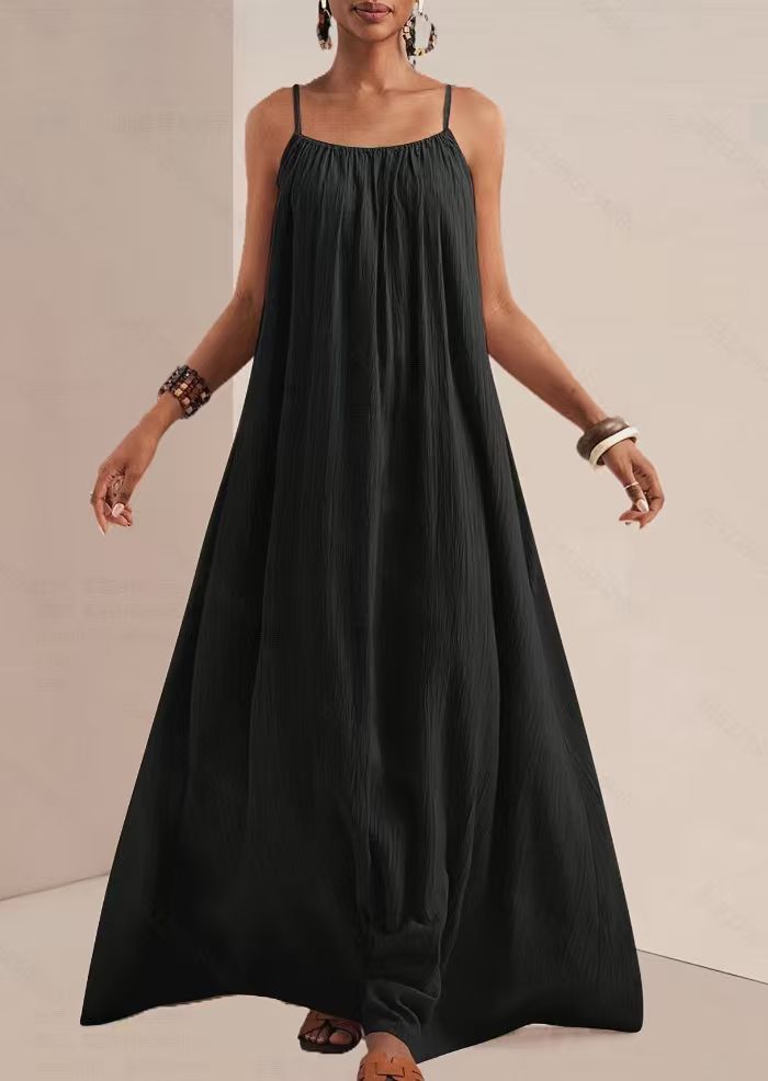 Crinkle Texture Strappy Maxi Beach Dress - Black
