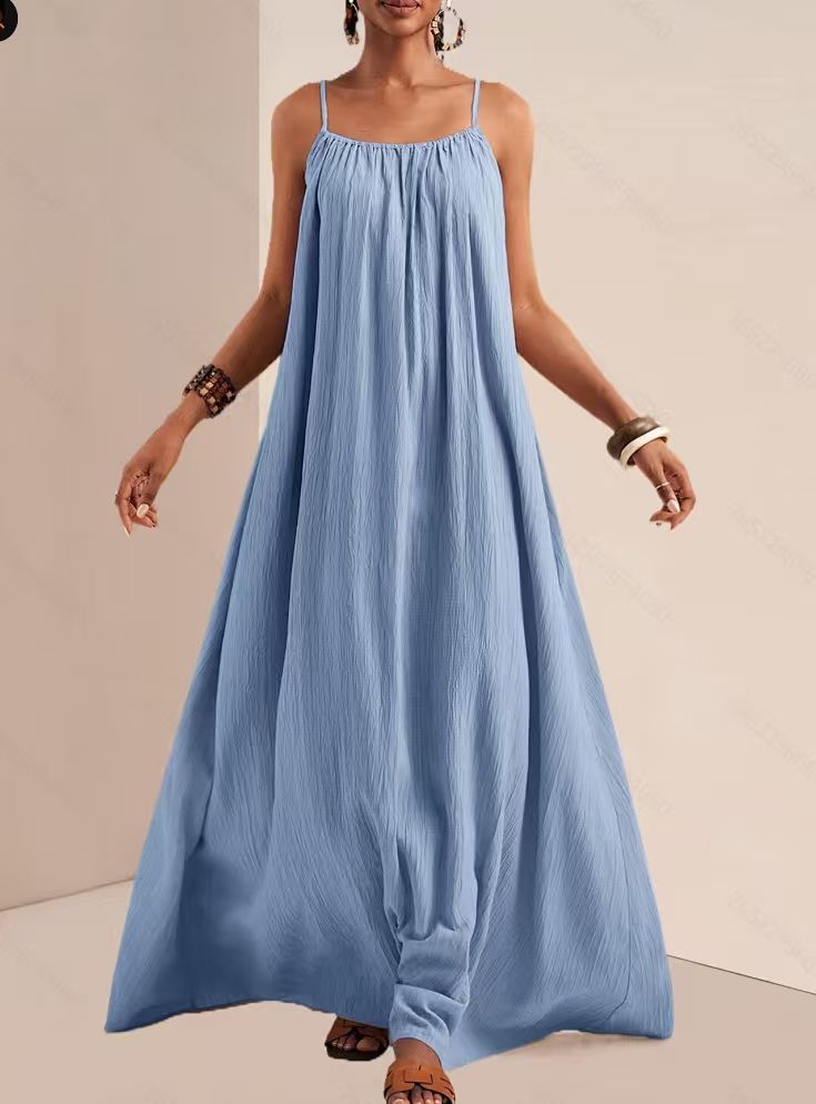 Crinkle Texture Strappy Maxi Beach Dress - Blue