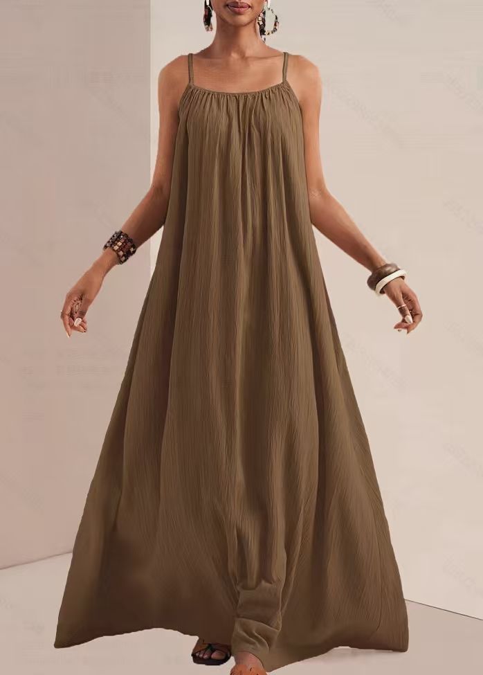 Crinkle Texture Strappy Maxi Beach Dress - Coffee - 2