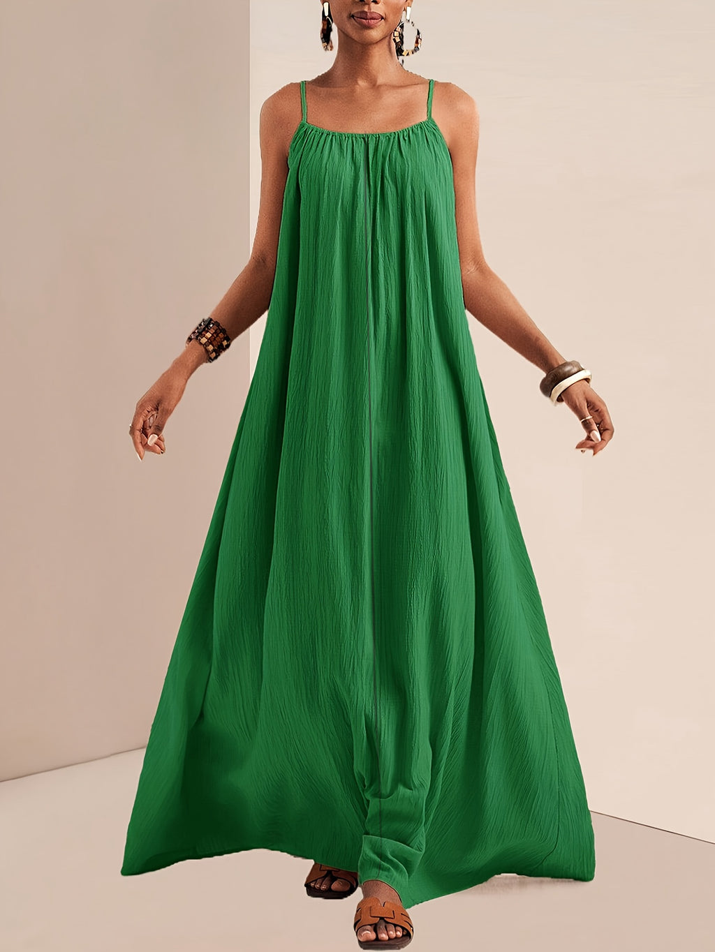 Crinkle Texture Strappy Maxi Beach Dress - Green