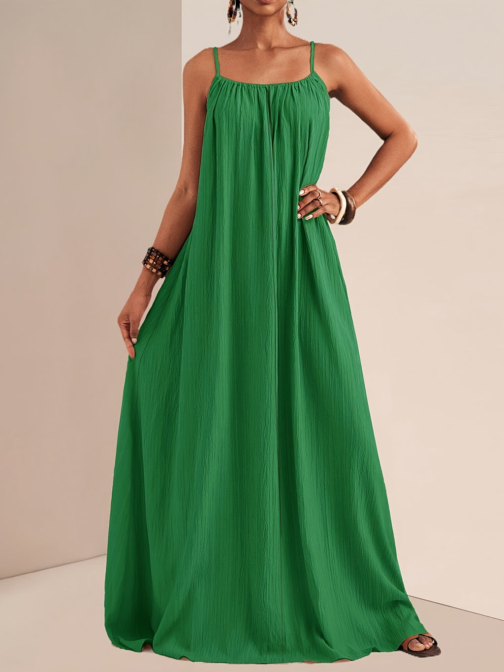 Crinkle Texture Strappy Maxi Beach Dress - Green - 1