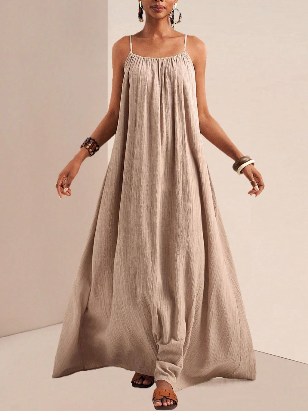 Crinkle Texture Strappy Maxi Beach Dress - Khaki
