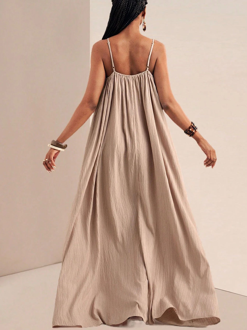Crinkle Texture Strappy Maxi Beach Dress - Khaki - 1