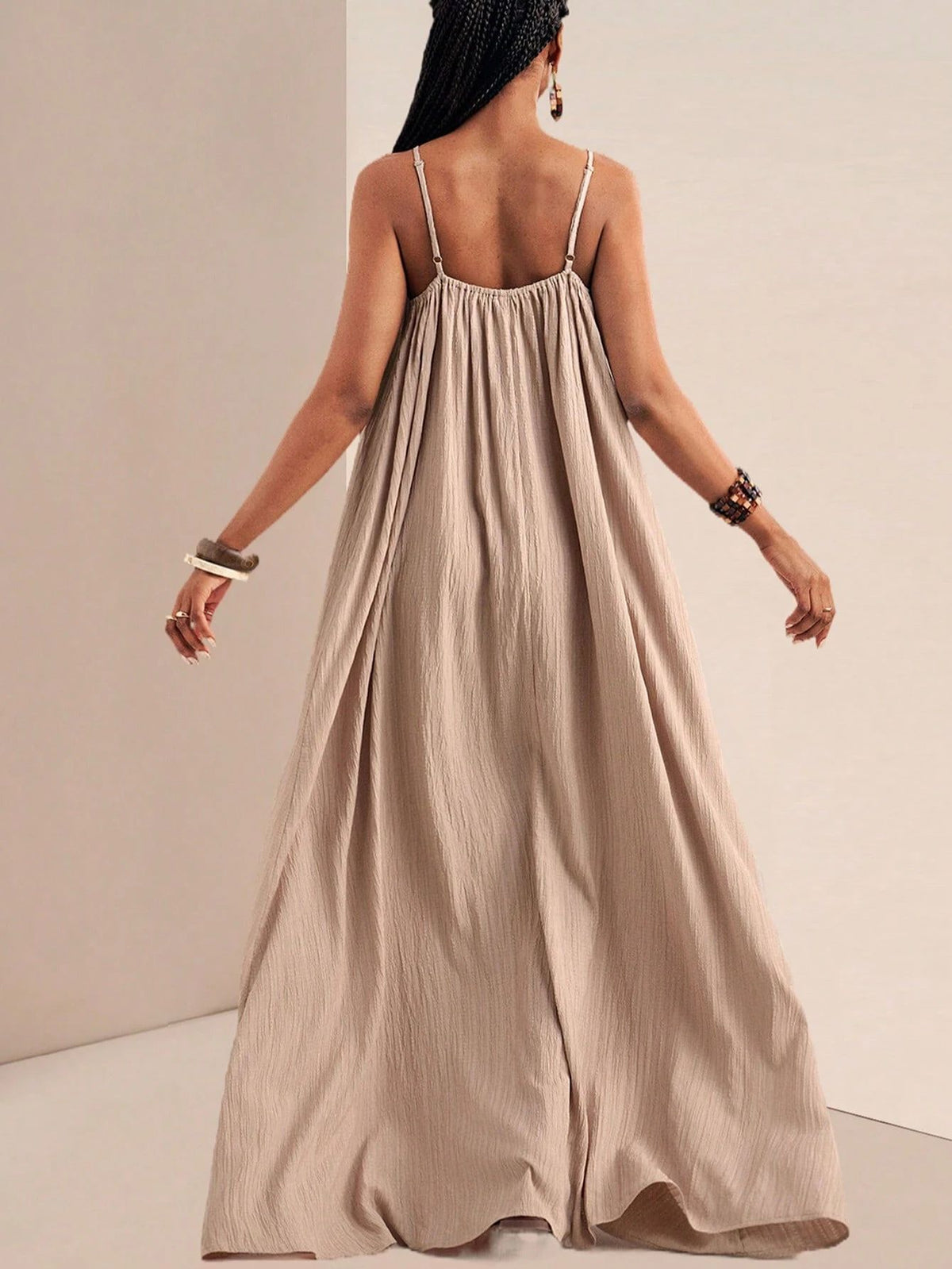 Crinkle Texture Strappy Maxi Beach Dress - Khaki - 1