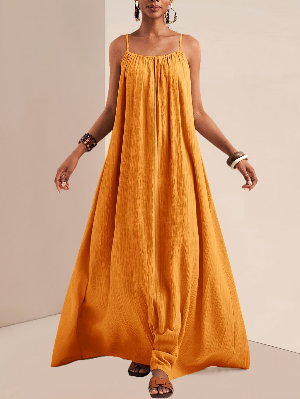 Crinkle Texture Strappy Maxi Beach Dress - Orange