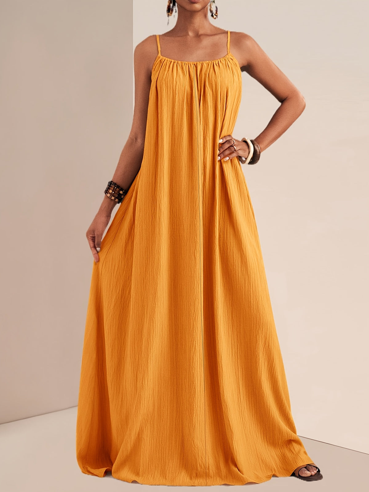 Crinkle Texture Strappy Maxi Beach Dress - Orange - 1