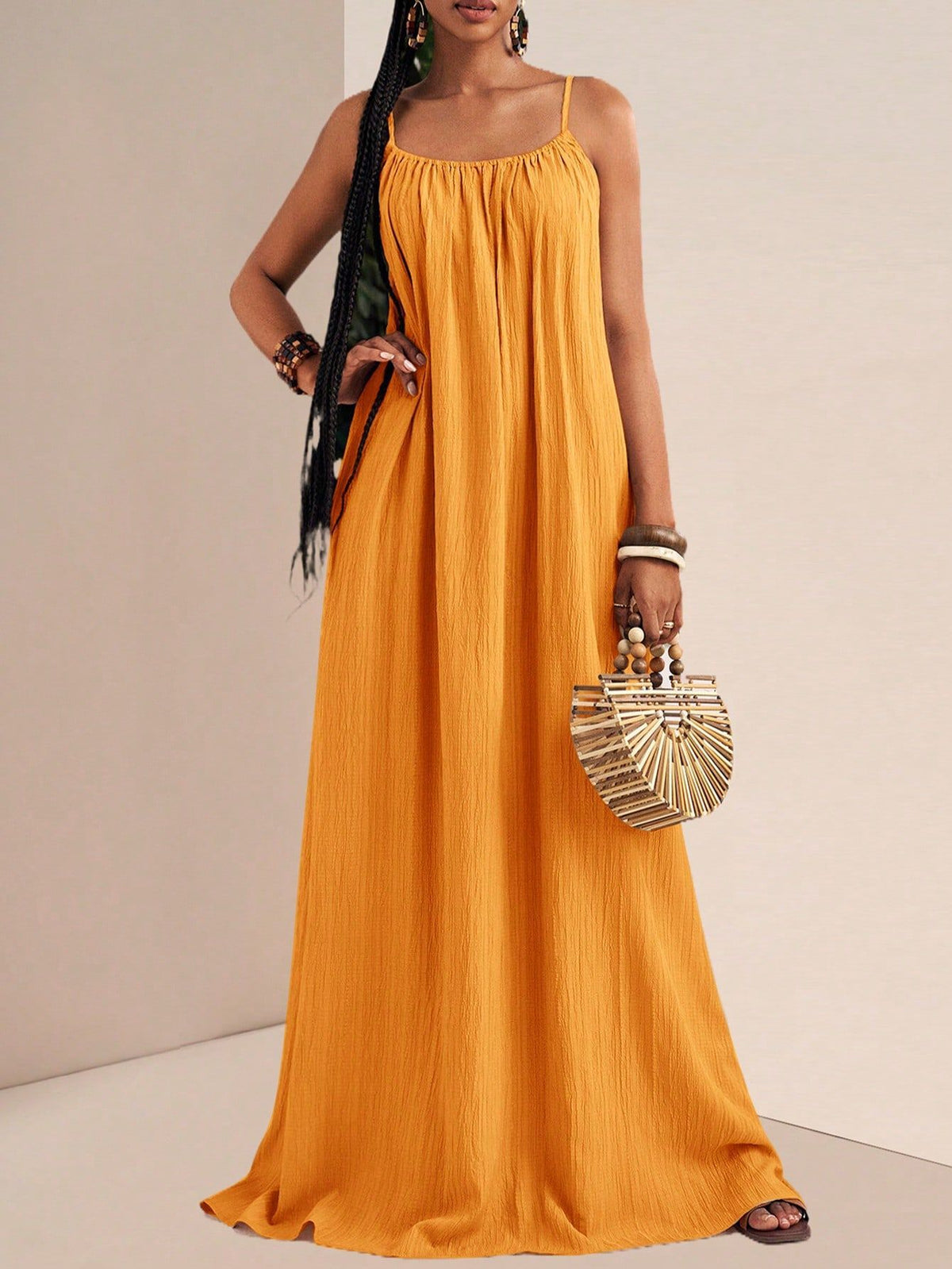 Crinkle Texture Strappy Maxi Beach Dress - Orange - 2