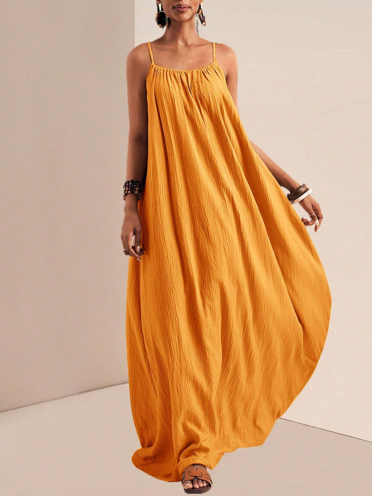 Crinkle Texture Strappy Maxi Beach Dress - Orange - 3