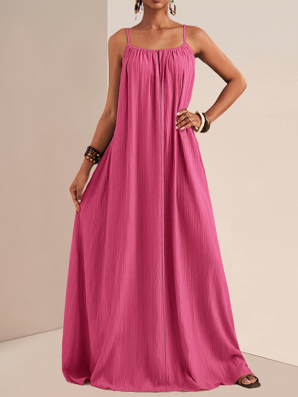 Crinkle Texture Strappy Maxi Beach Dress - Rose_red