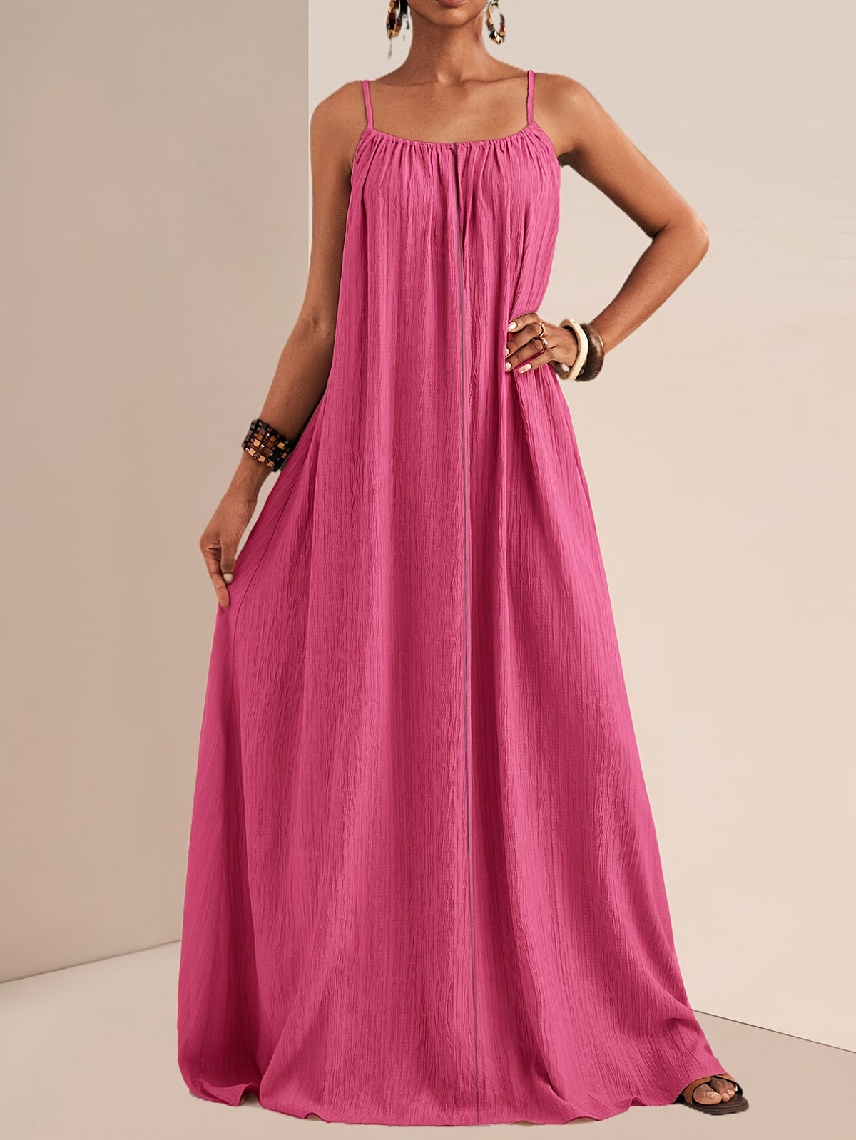 Crinkle Texture Strappy Maxi Beach Dress - Rose_red