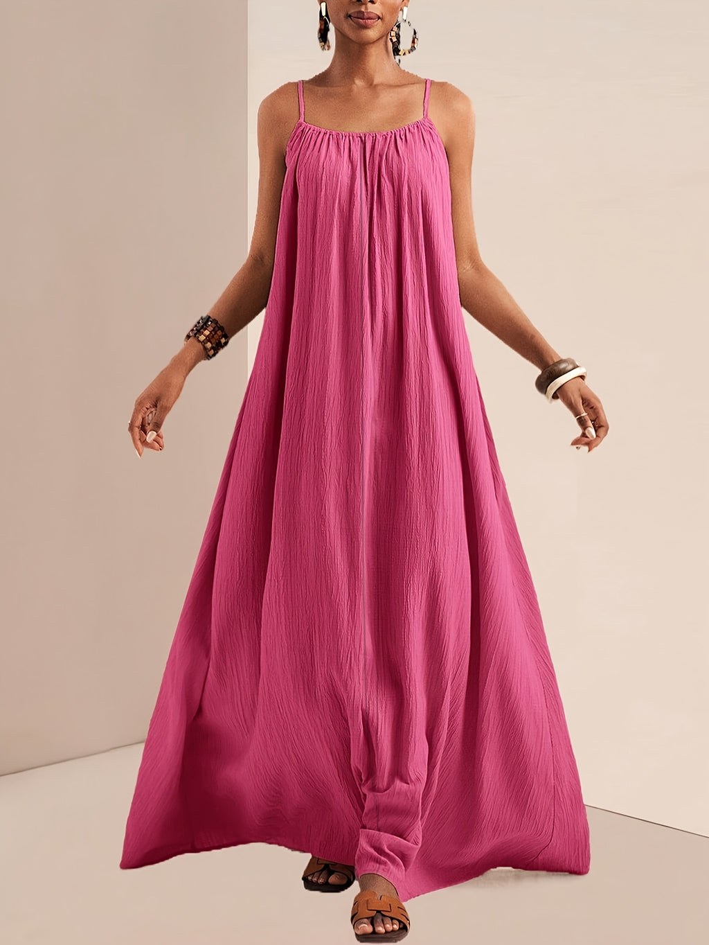 Crinkle Texture Strappy Maxi Beach Dress - Rose_red - 1