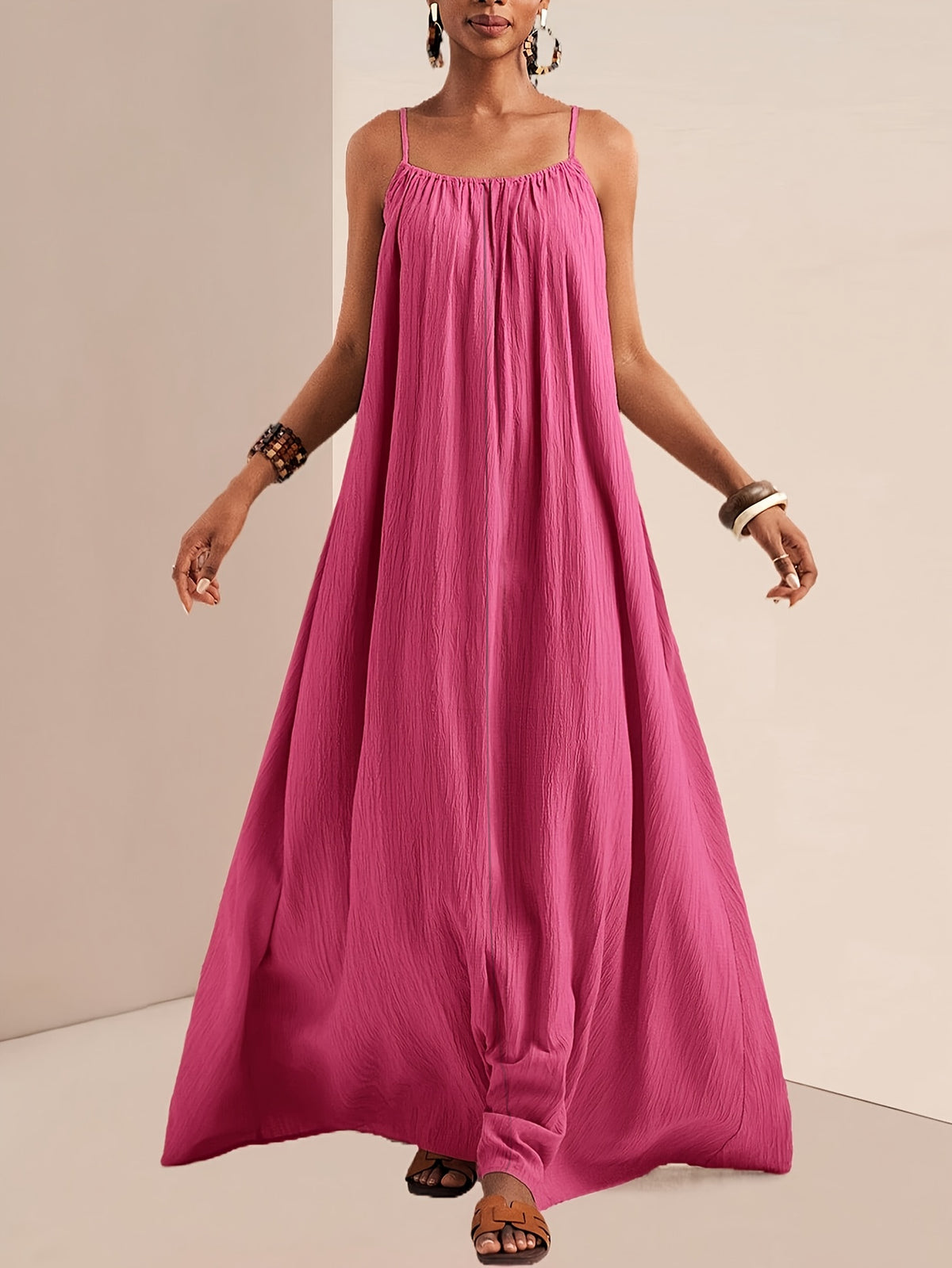 Crinkle Texture Strappy Maxi Beach Dress - Rose_red - 1