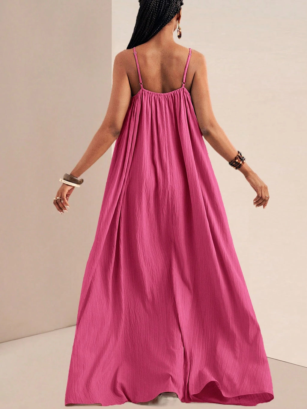 Crinkle Texture Strappy Maxi Beach Dress - Rose_red - 2