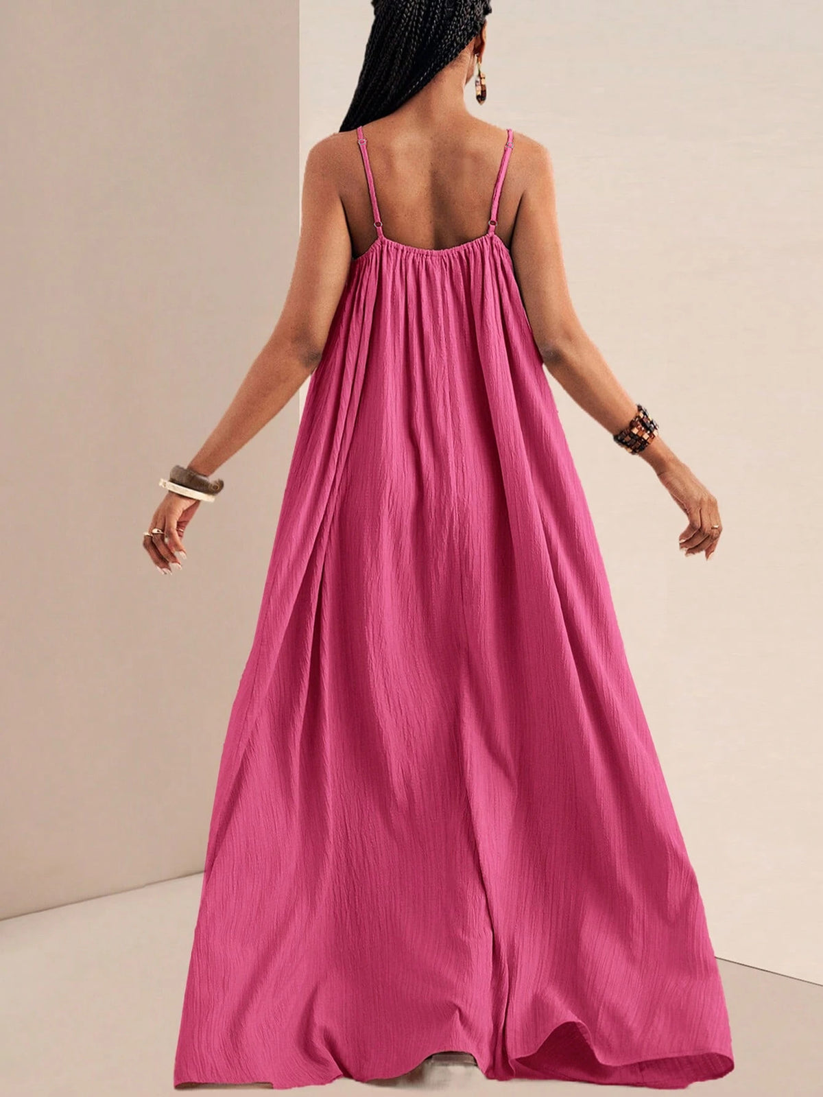 Crinkle Texture Strappy Maxi Beach Dress - Rose_red - 2