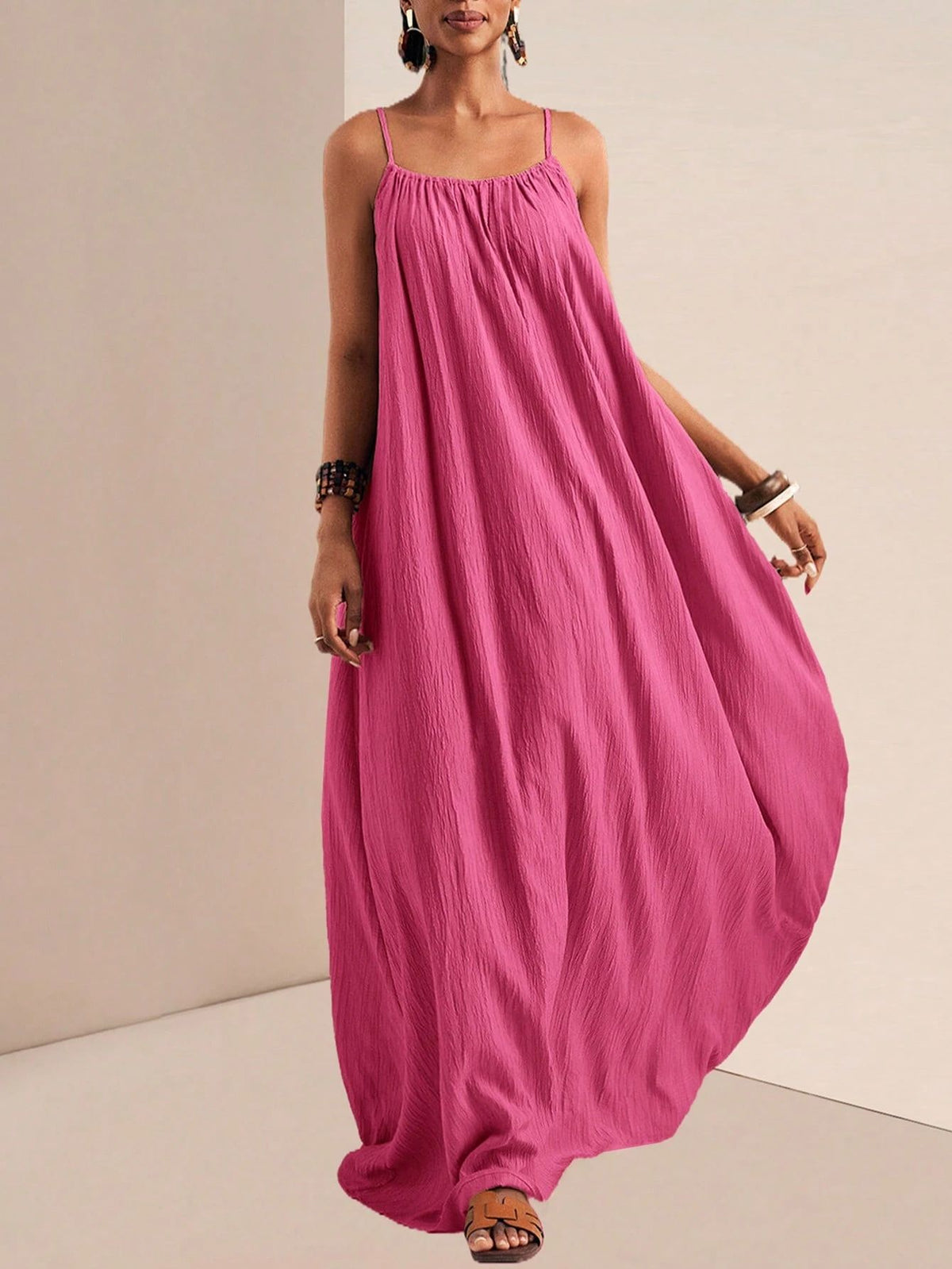 Crinkle Texture Strappy Maxi Beach Dress - Rose_red - 3