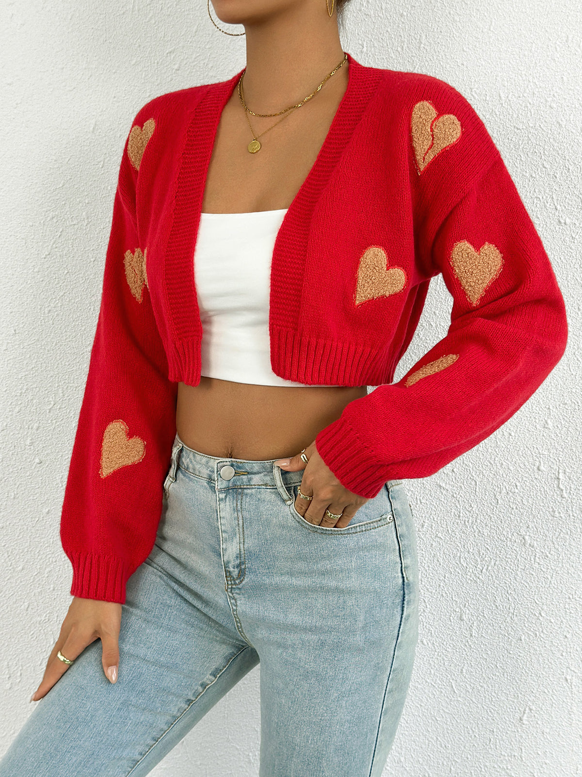 Fuzzy Heart Patch Knit Open Front Cropped Cardigan - Red