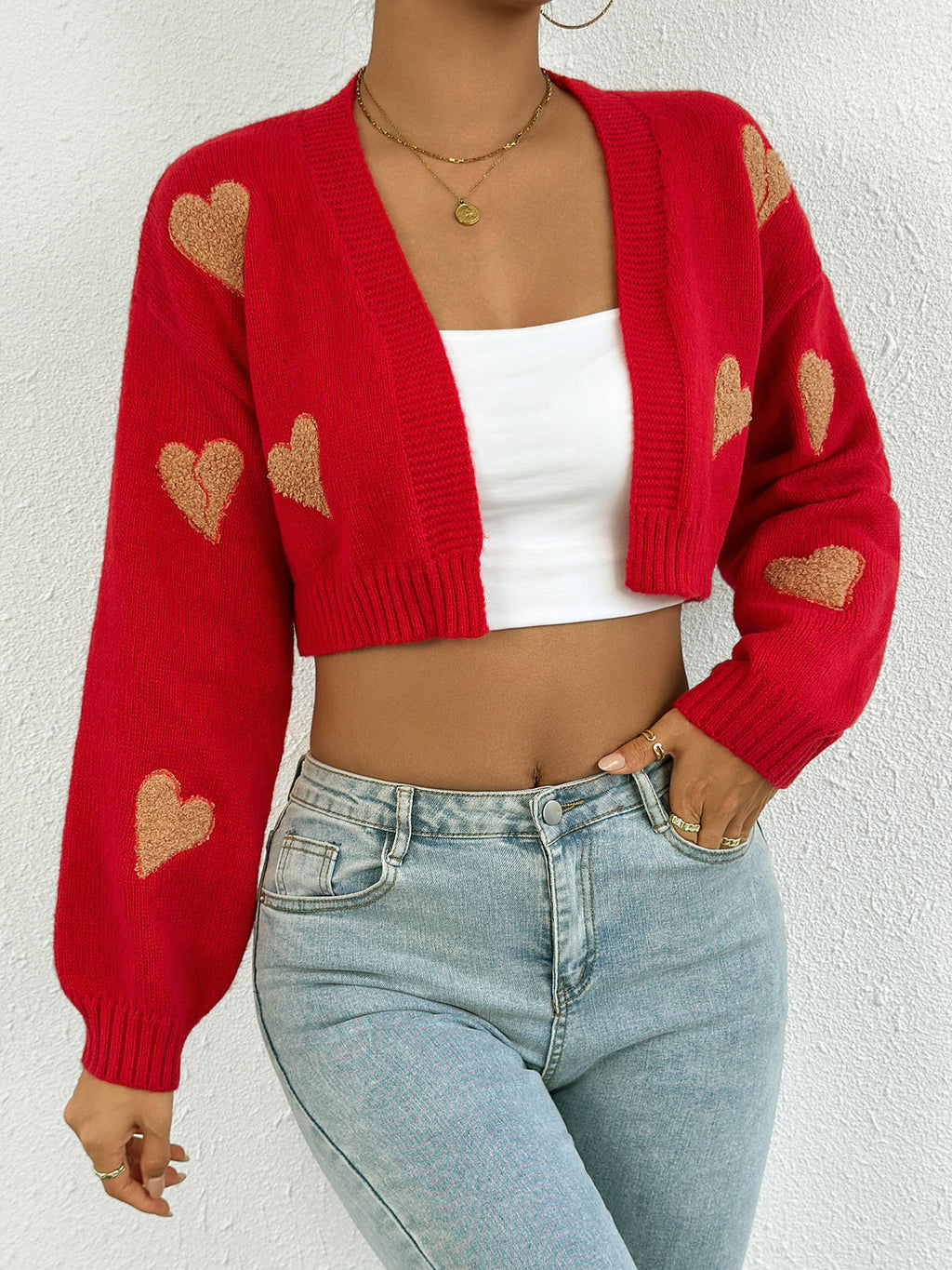 Fuzzy Heart Patch Knit Open Front Cropped Cardigan - Red - 1