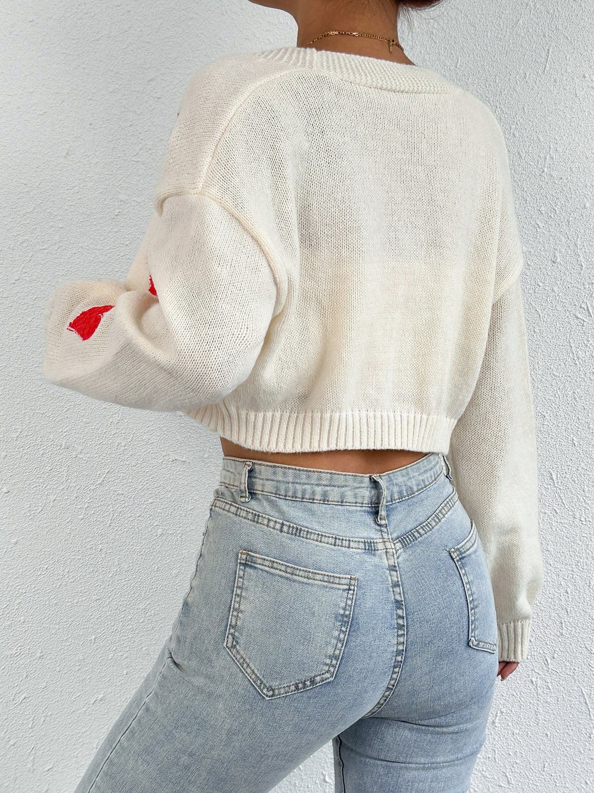 Fuzzy Heart Patch Knit Open Front Cropped Cardigan - White - 2