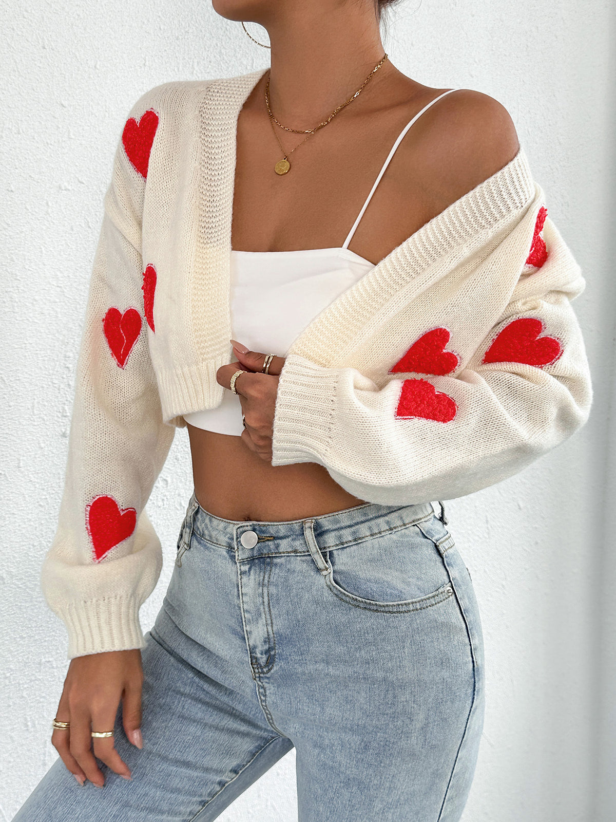 Fuzzy Heart Patch Knit Open Front Cropped Cardigan - White - 3